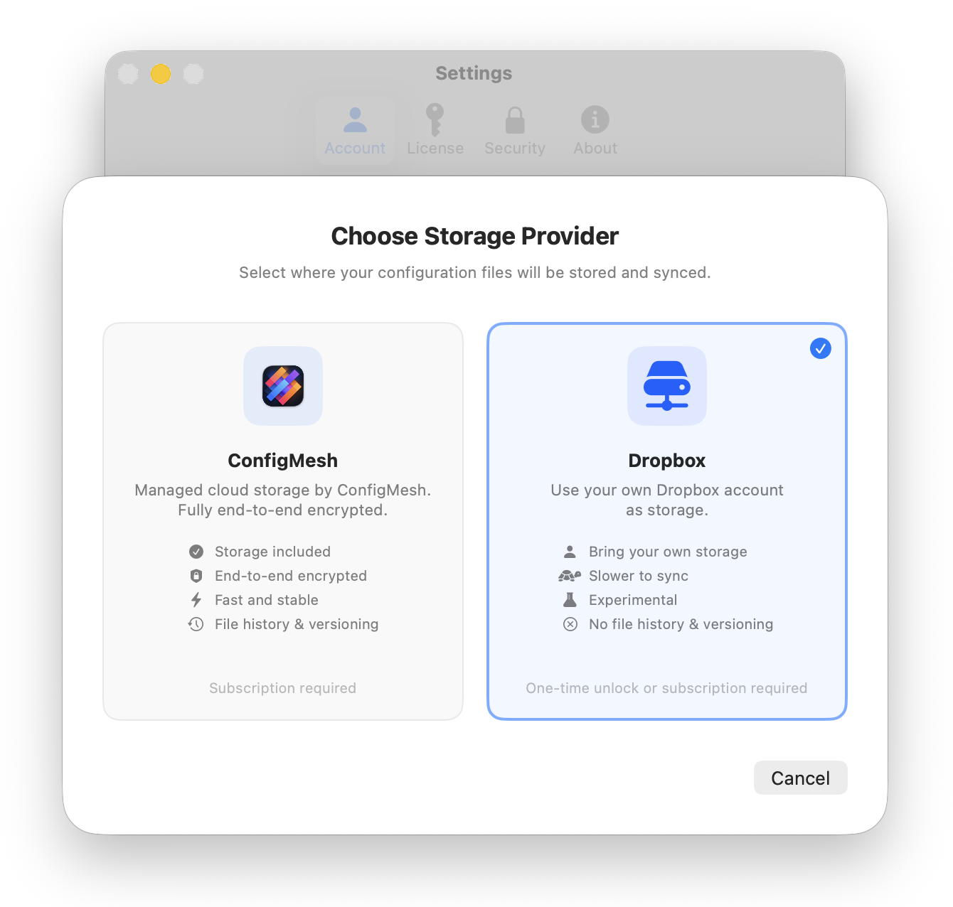 Choose Storage Provider dialog